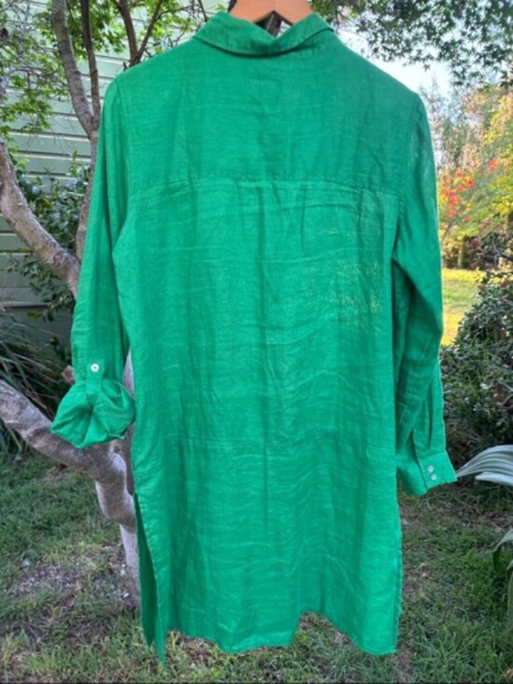 Tahari (M) Kelly Green 100% Linen Mini Shirt Dress or Beach Coverup - Picture 3 of 9